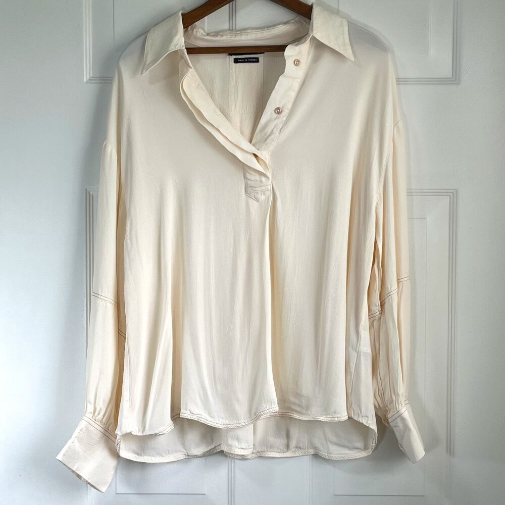 Reserved Cream Blouse Button Down V Neck Business Casual Size UK 14